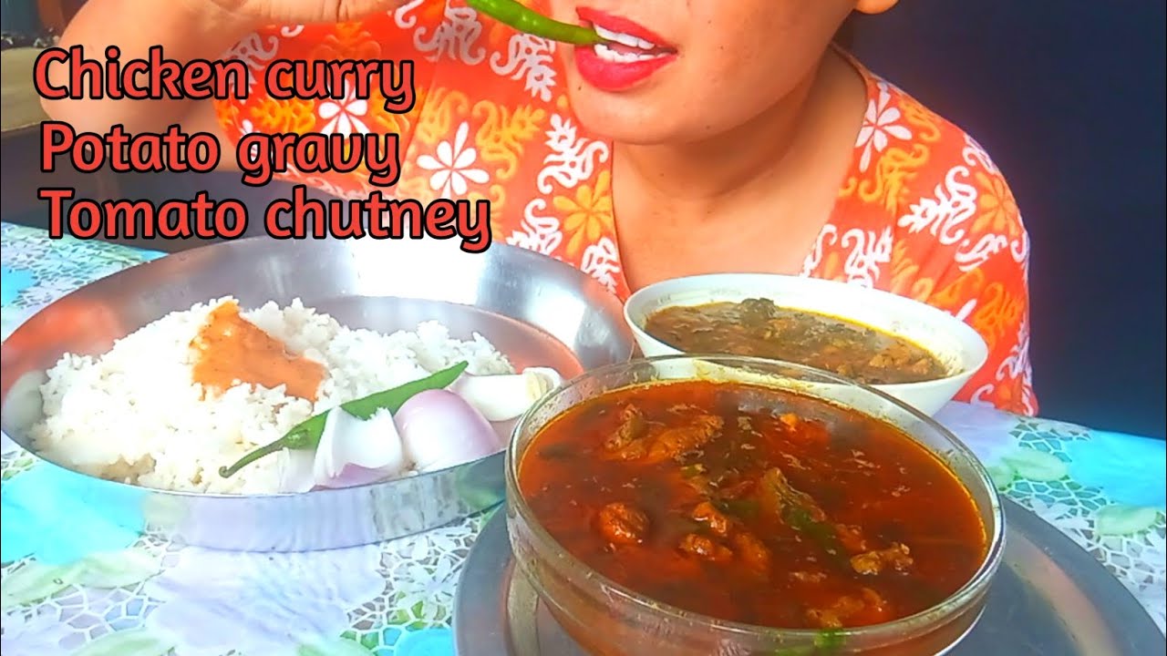 Spicy🔥local chicken curry with potato gravy & spicy tomato chutney||Lots of chicken curry||GDR ASMR 