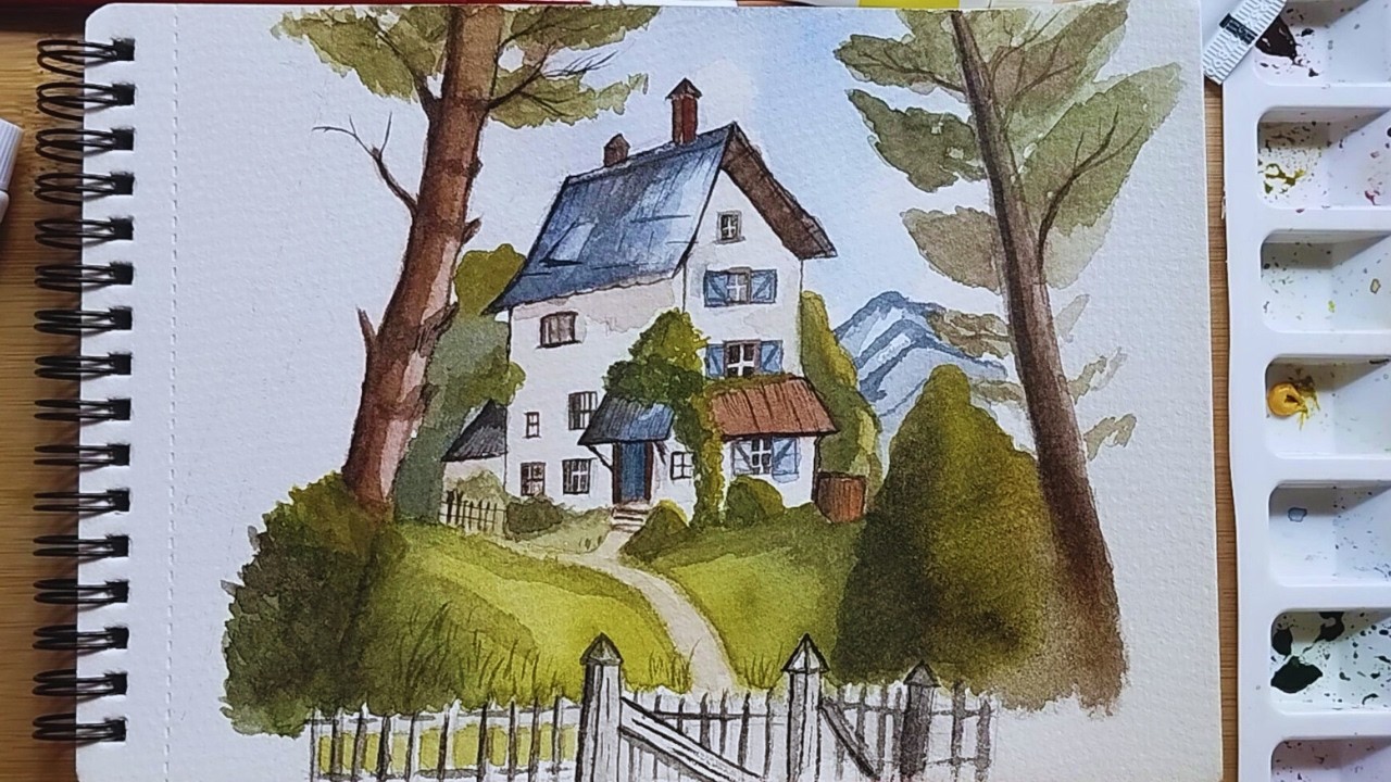 Draw a house in the forest | watercoloer landscape painting for beginners 🌲🏡🎨.
