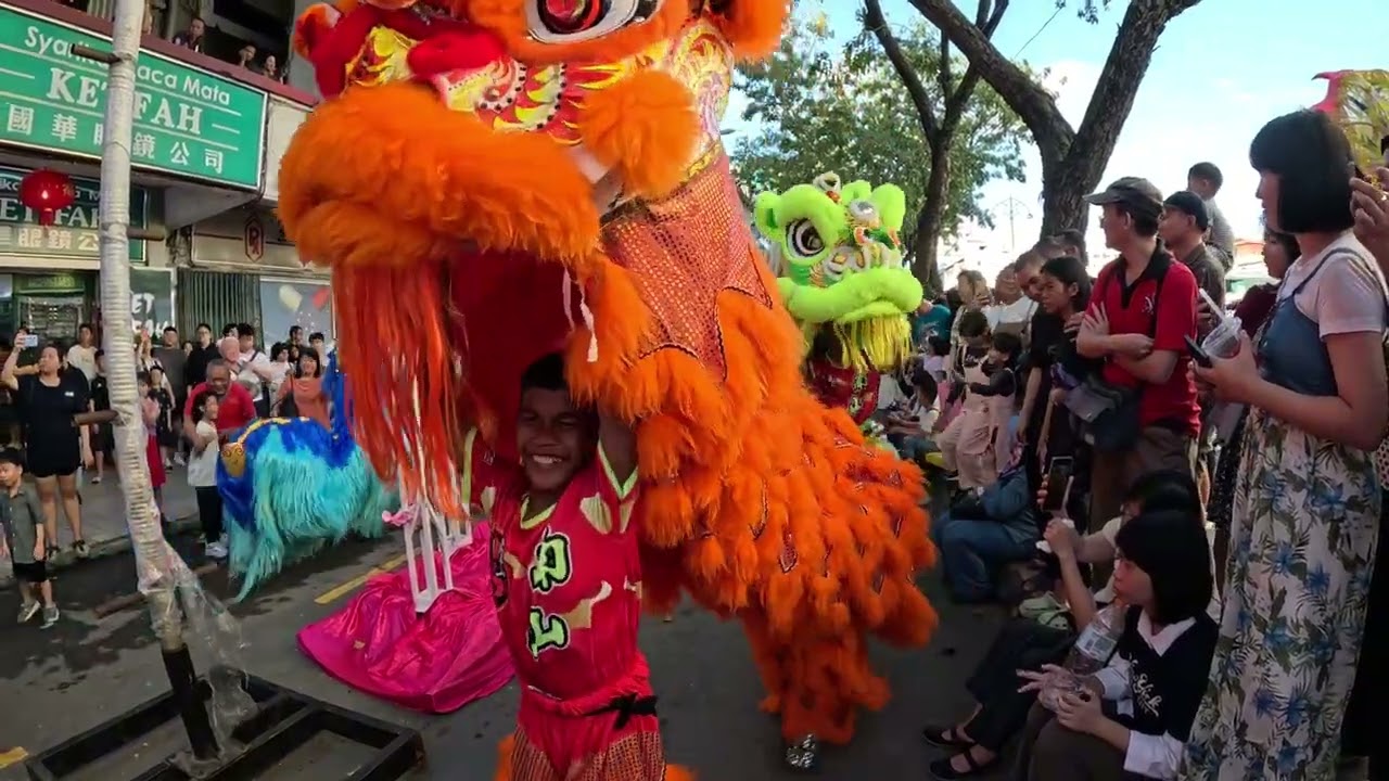 multi colour lion dance jong walkaround at gaya street