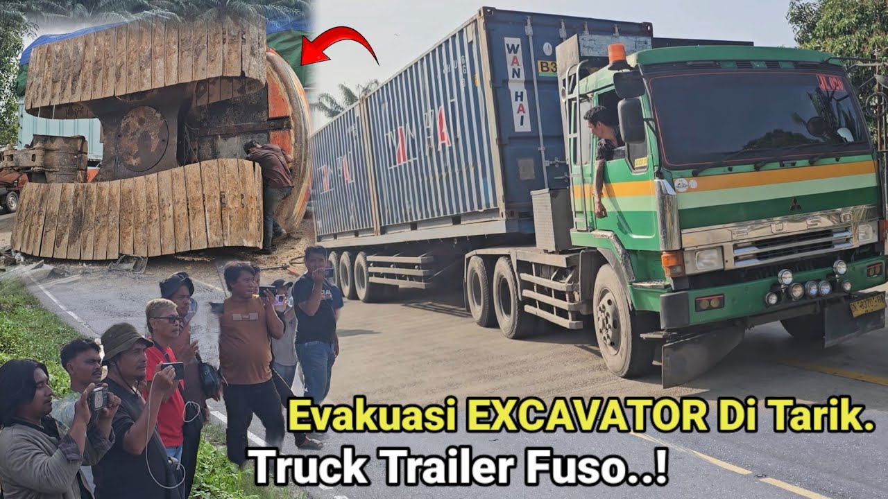 Truck Trailer Menarik EXCAVATOR Terbalik.6 Truck Menolong Truk Insiden,Di Bawa Tanjakan Bukit Kodok.