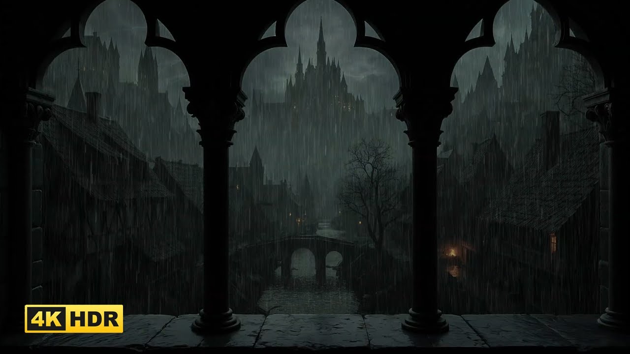 Medieval Castle Window 4K: Rainy View with Cozy Thunderstorm Sounds & Relaxing Ambience. #4k
