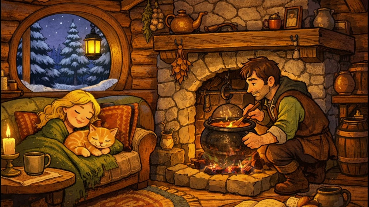 Cozy winter woodland halfling cabin with crackling fireplace ambience