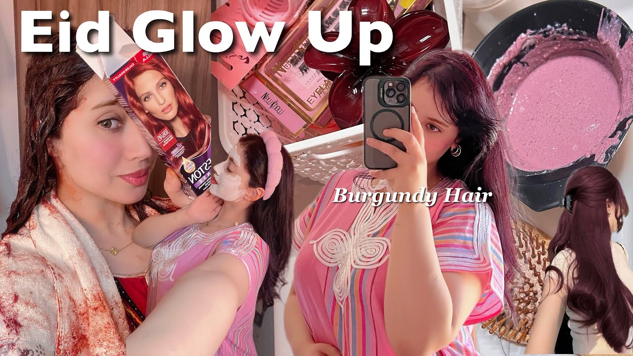 صبغت شعري للعيد بالبرغندي🍇و درت روينة Let’s Glow Up 🎀 ( Hair Dye, selfcare, lip Blush, Shower..) 