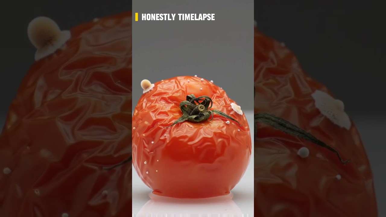 Scientific timelapse showing the natural decomposition process of a fresh tomato. 