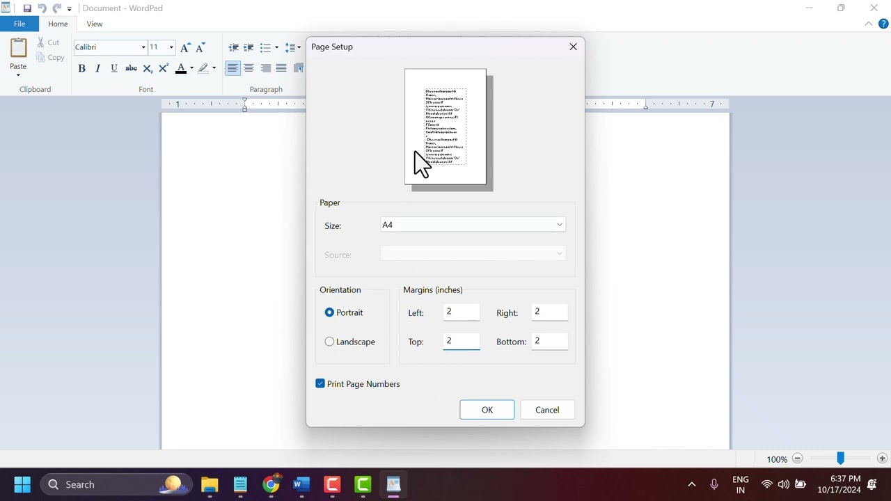 How to change Margins in Wordpad