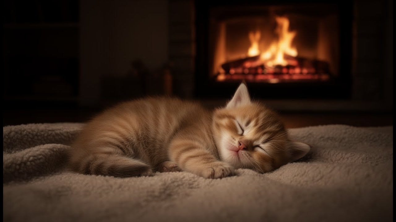 Tiny Baby Kitten Sleeping by the Fireplace Glow 🔥🐱 | Cozy Sleep ASMR