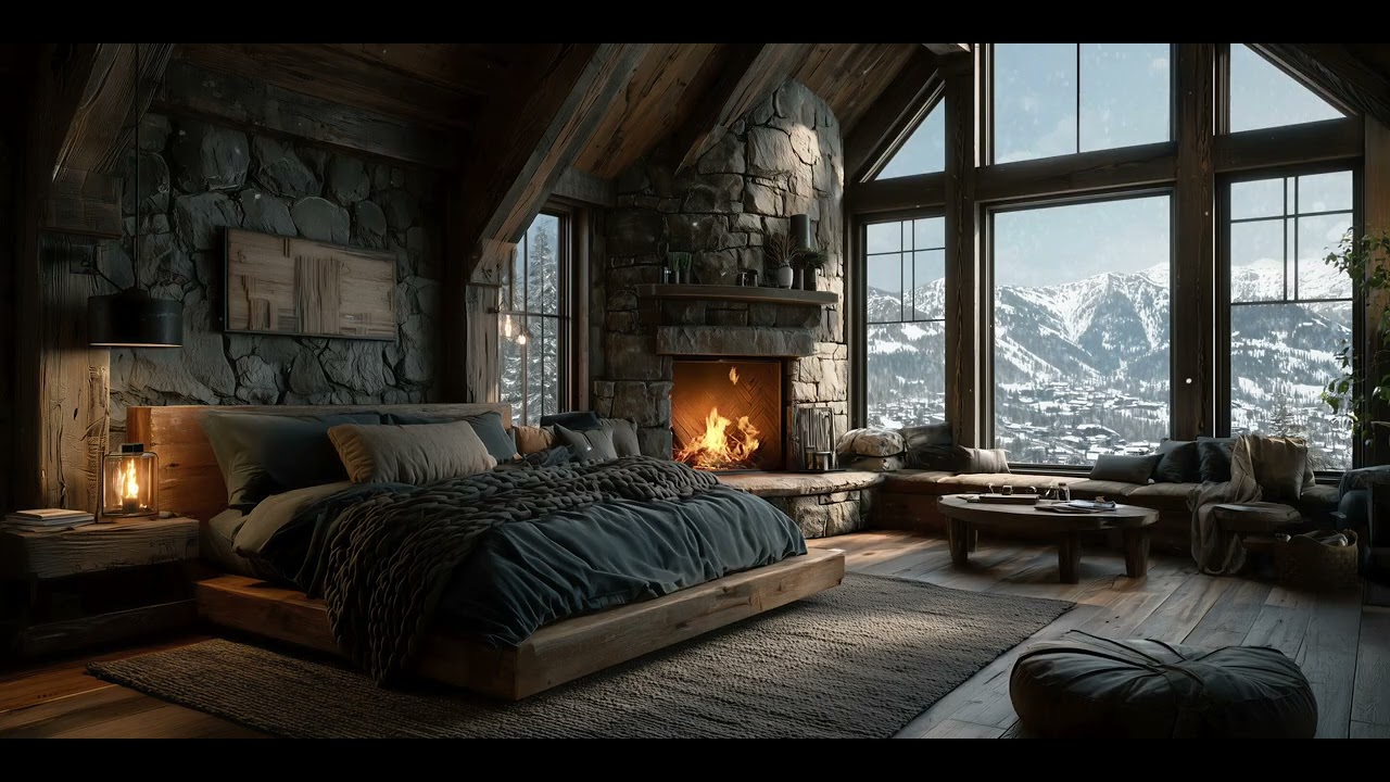 8 Hours Snowfall + Fireplace Crackling | Cozy Mountain Cabin Bedroom for Deep Sleep