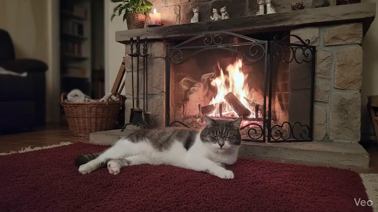 A cozy purring cat/ By the fireplace 2026