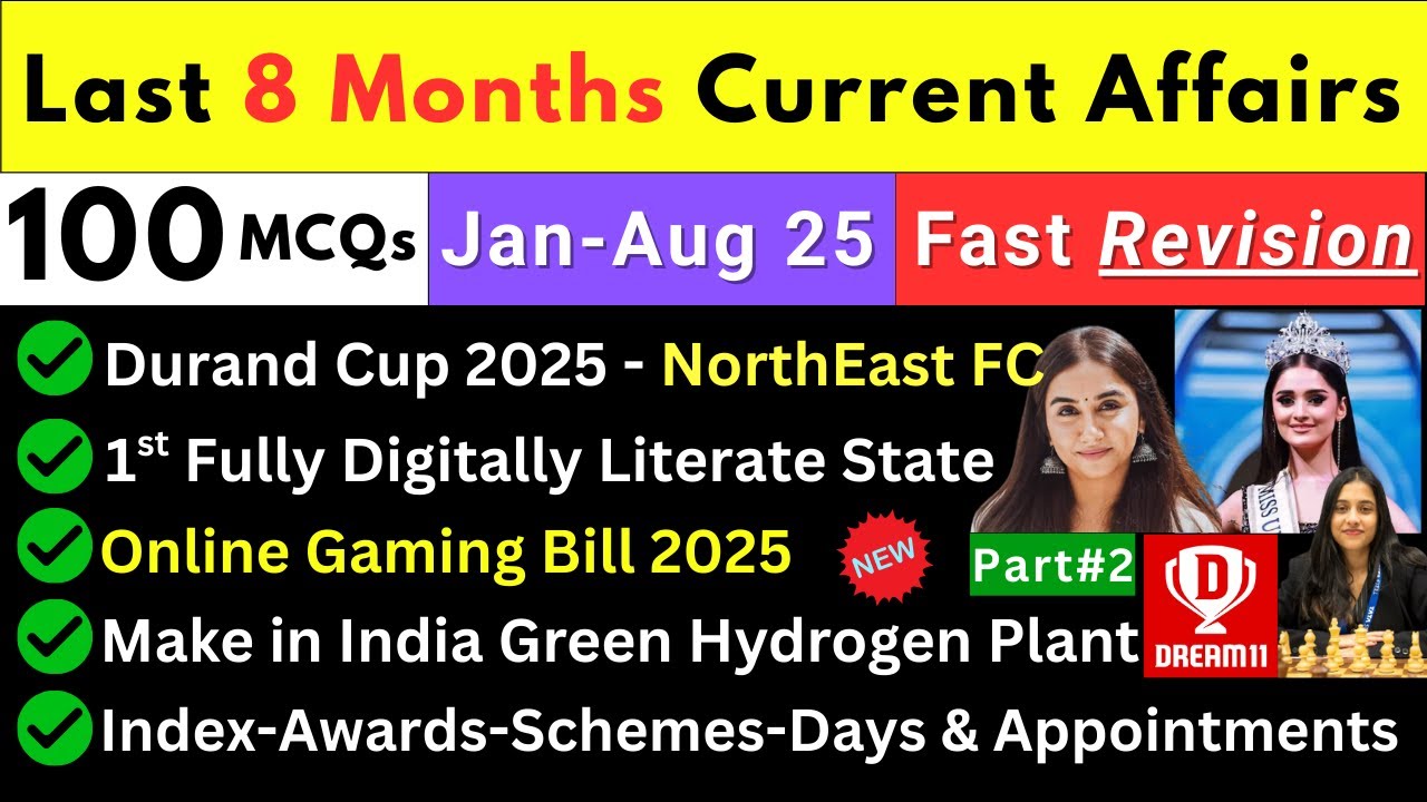 Last 8 Months Current Affairs 2025 | January to August Current Affairs 2025 | Current GK 2025