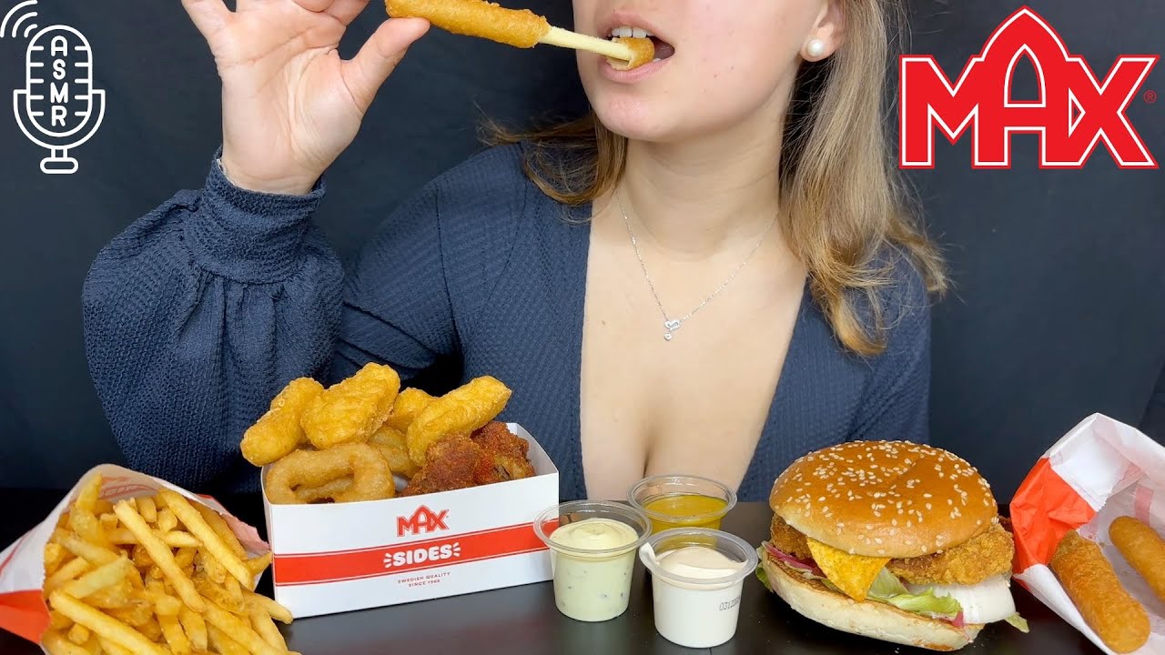 ASMR MUKBANG MAX SWEDEN, CRUNCHY NACHO BURGER, MOZZARELLA, NUGGETS (no talking)