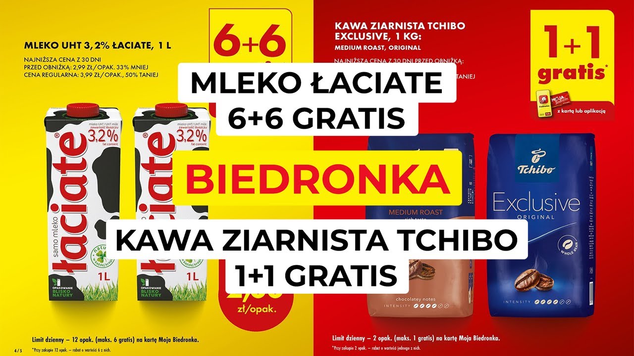 Mleko Łaciate 6+6 GRATIS | Kawa ziarnista Tchibo Exclusive 1+1 | Promocje z gazetki Biedronki