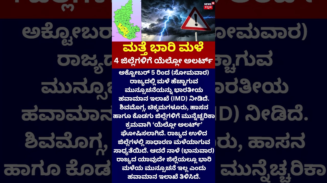 Heavy Rain Alert in Karnataka! : 4 ಜಿಲ್ಲೆಗಳಿಗೆ ಯೆಲ್ಲೋ ಅಲರ್ಟ್