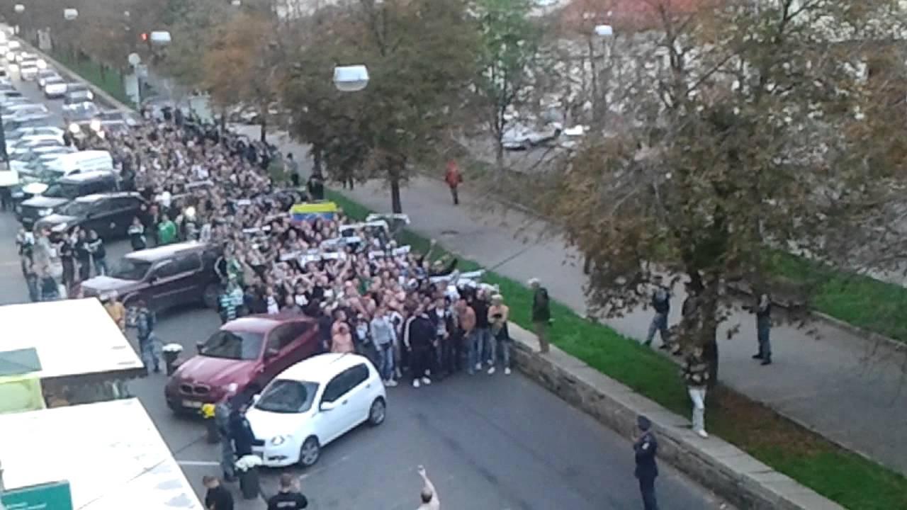 Borussia M fans walking through Kyiv
