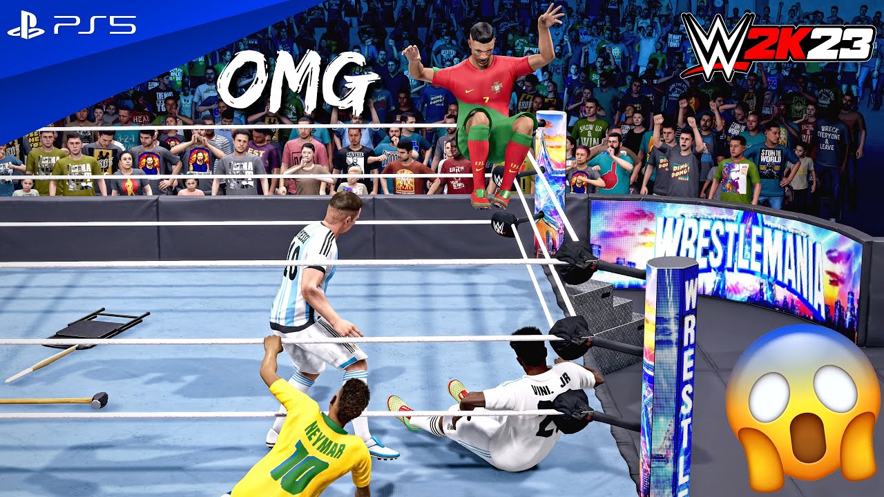WWE 2K23 - Cristiano, Messi & Neymar vs Haaland, Mbappe & Vinicius - Elimination Tag Team Match | 4K