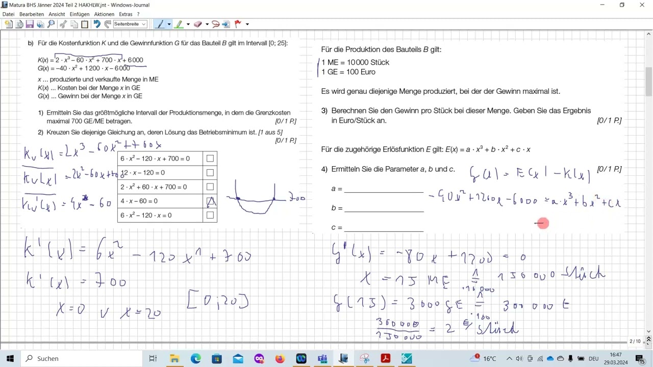 Matura BHS Angewandte Mathematik Jänner 2024 (mit CASIO) - Teil 2 HLW/HAK/HLFS