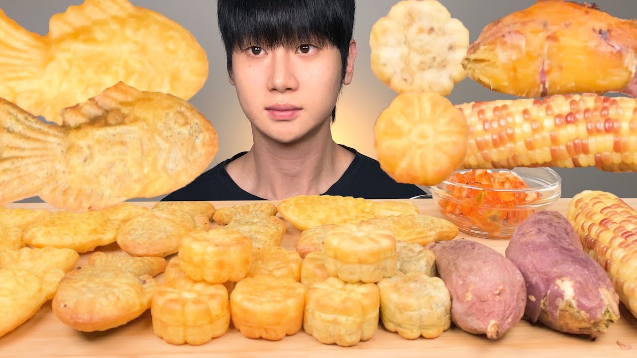 겨울철 길거리 음식 특집~팥 붕어빵, 슈크림 붕어빵, 국화빵, 찰옥수수, 군고구마, 김치, 흰우유 꿀조합 먹방 ASMR Fish-Shaped Bread DESSERT MUKBANG