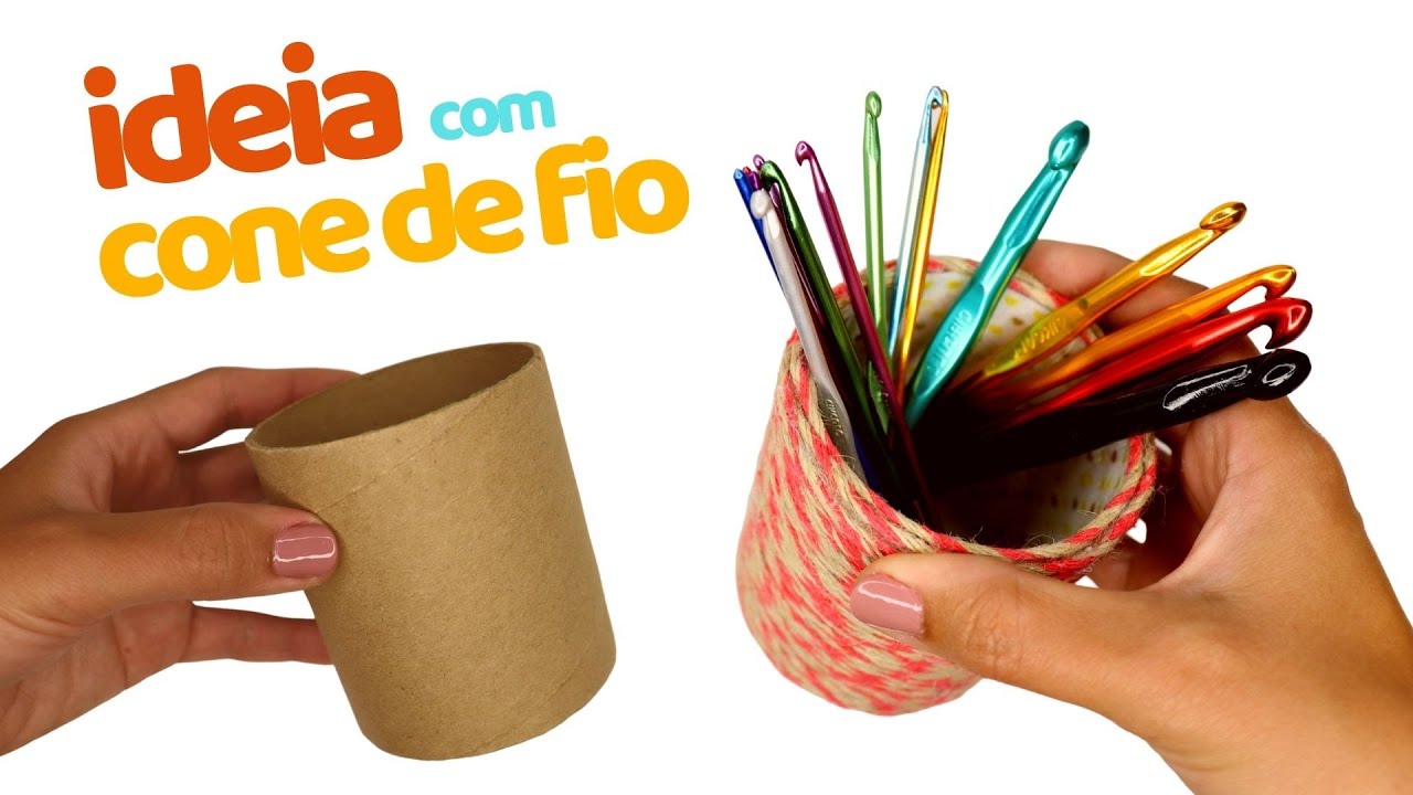 IDEIA com CONE DE LINHA | Porta agulha de crochê | Porta lápis e Canetas  - JNY Crochê