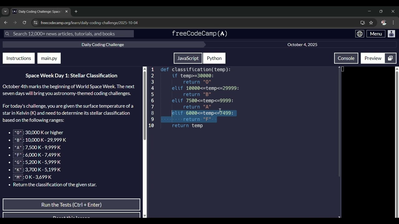 freeCodeCamp Daily Coding Challenges | Space Week Day 1: Stellar Classification | 04 Oct 2025