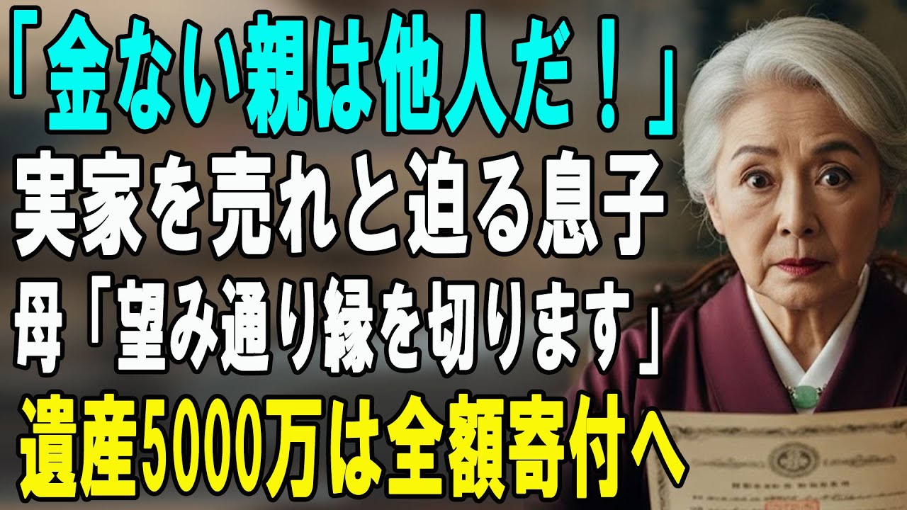 「金を出さない親は他人だ」家を売れと迫る息子に絶縁を言い渡した結果→全財産5000万を他人へ寄付。翌日、息子夫婦が顔面蒼白に…【シニアライフ】【60代以上の方へ】