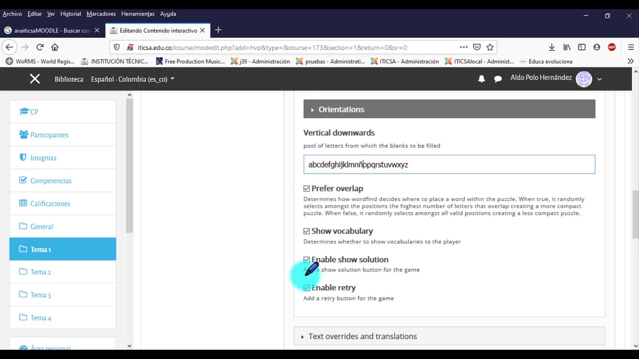 Como agregar sopa de letras en curso virtual Moodle