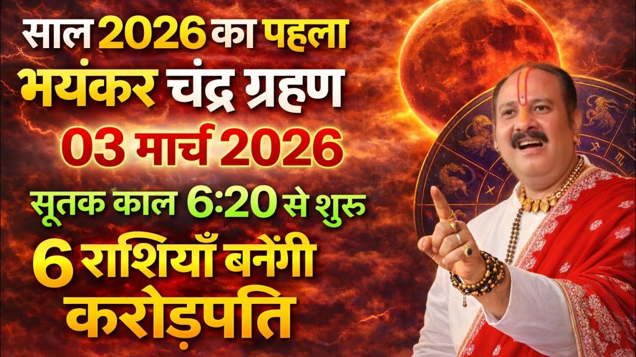 3 मार्च 2026 चंद्र ग्रहण-जानिए सूतक काल और किस्मत बदलने वाली 6 राशियाँ #chandragrahan #pradeepmishra