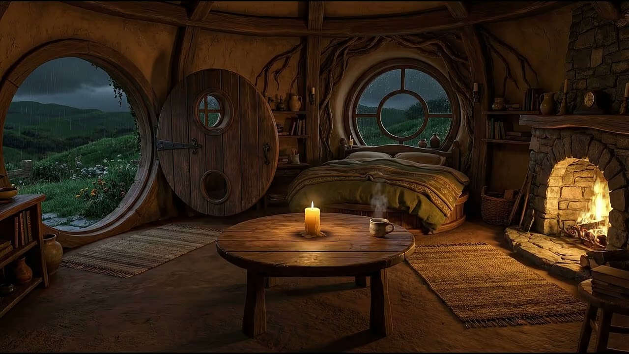 Cozy Hobbit Hole in the Rain  3 Hours Relaxing Piano & Rain Sounds for Deep Sleep