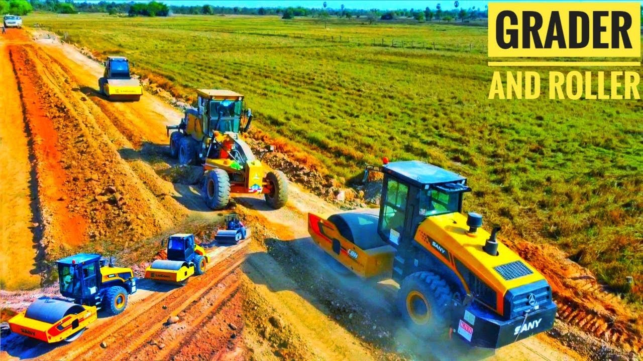 Professional Road Construction Using Motor Grader and Road Roller