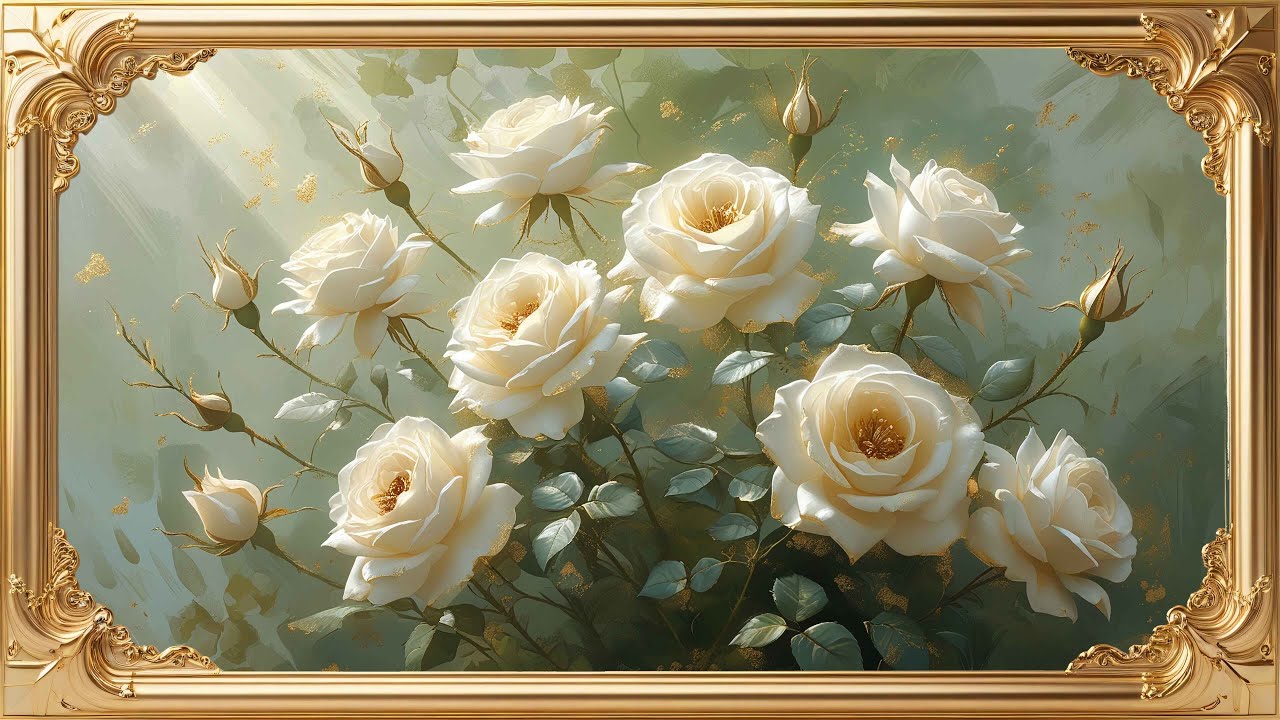 Vintage Ivory Roses Emerald canvas Painting | Gold Frame TV Art | Artwork Screensaver for TV