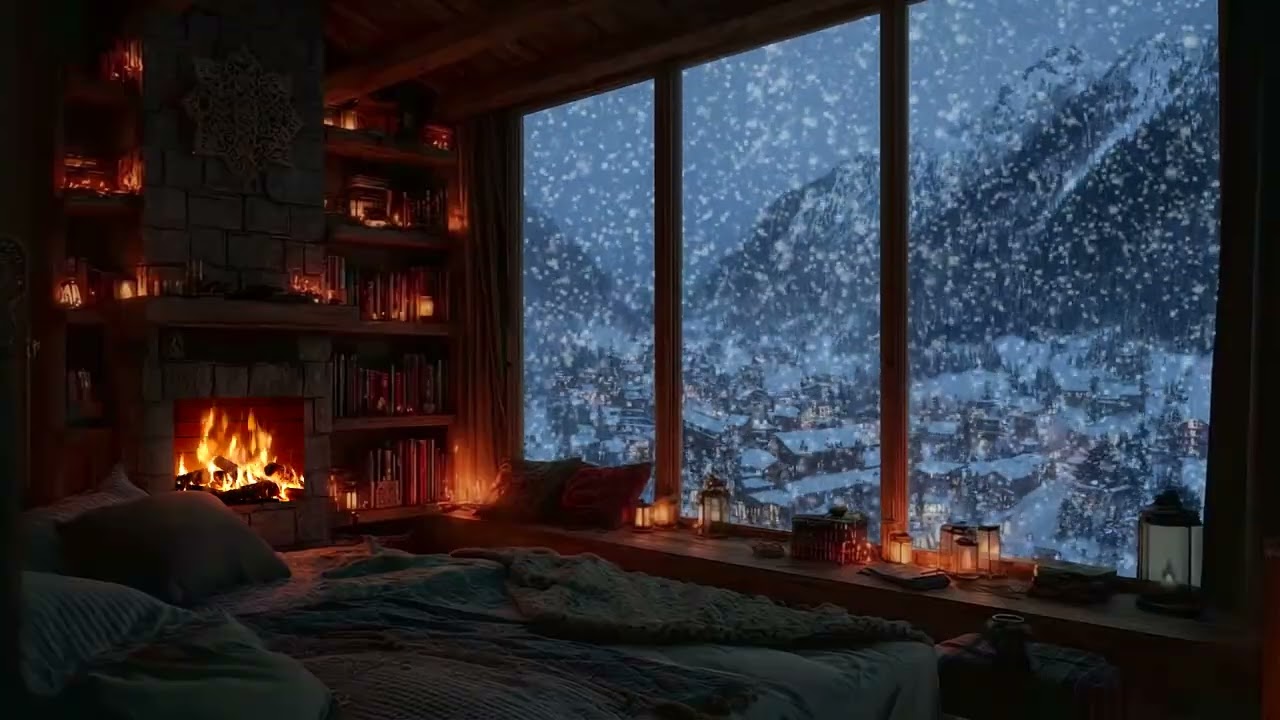 Peaceful Winter Cabin at Night with Warm Fireplace & Falling Snow for Restful Sleep