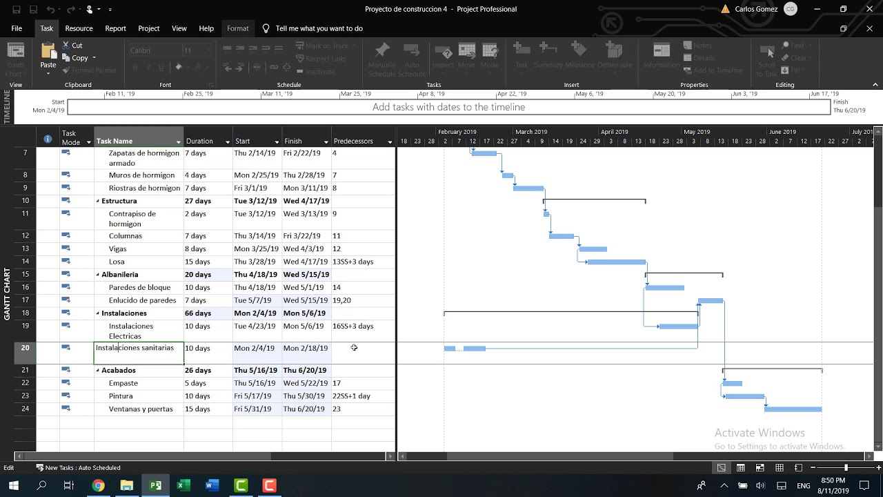 5.Ms Project 2019 - Separar y mover tareas