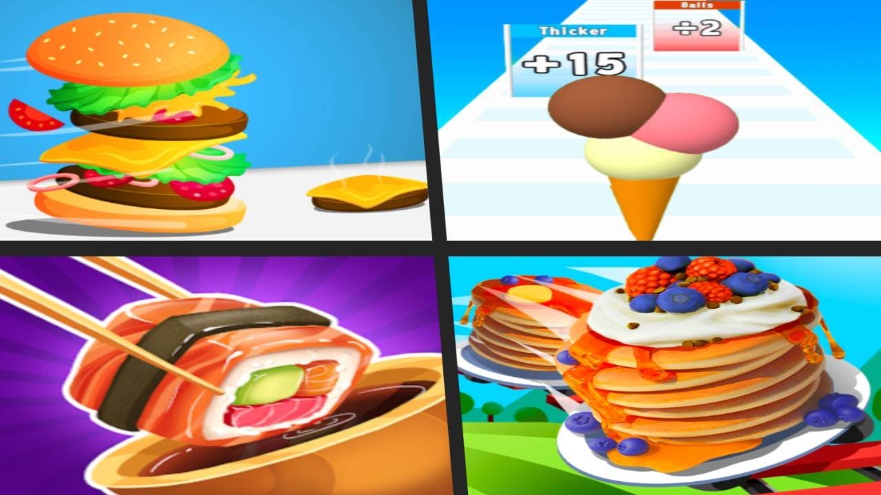 BURGER RUN vs ICE CREAM RUSH vs SHUSI CRAFT vs PANCAKE RUN - All Levels Satisfying Quadruple Games