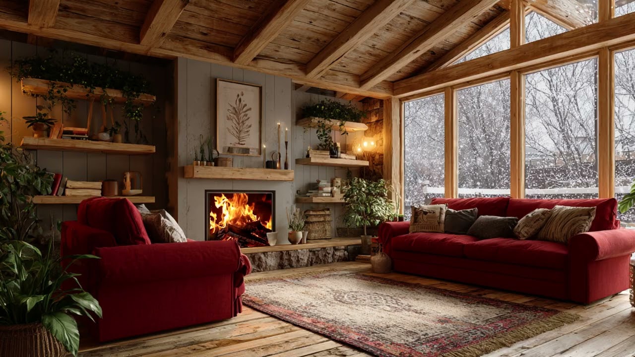 Cold Snow Wind Drifting Outside the Cabin | Warm Fireplace Crackling Sounds for Deep Relaxation
