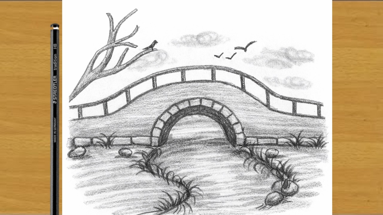 Easy Bridge Drawing for Beginners | Step by Step Pencil Scenery