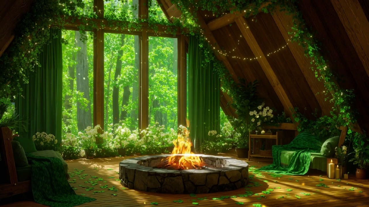 🍀 Magical St. Patrick’s Day Cabin | Cozy Green Forest Cottage Ambience with Soft Piano & Fireplace