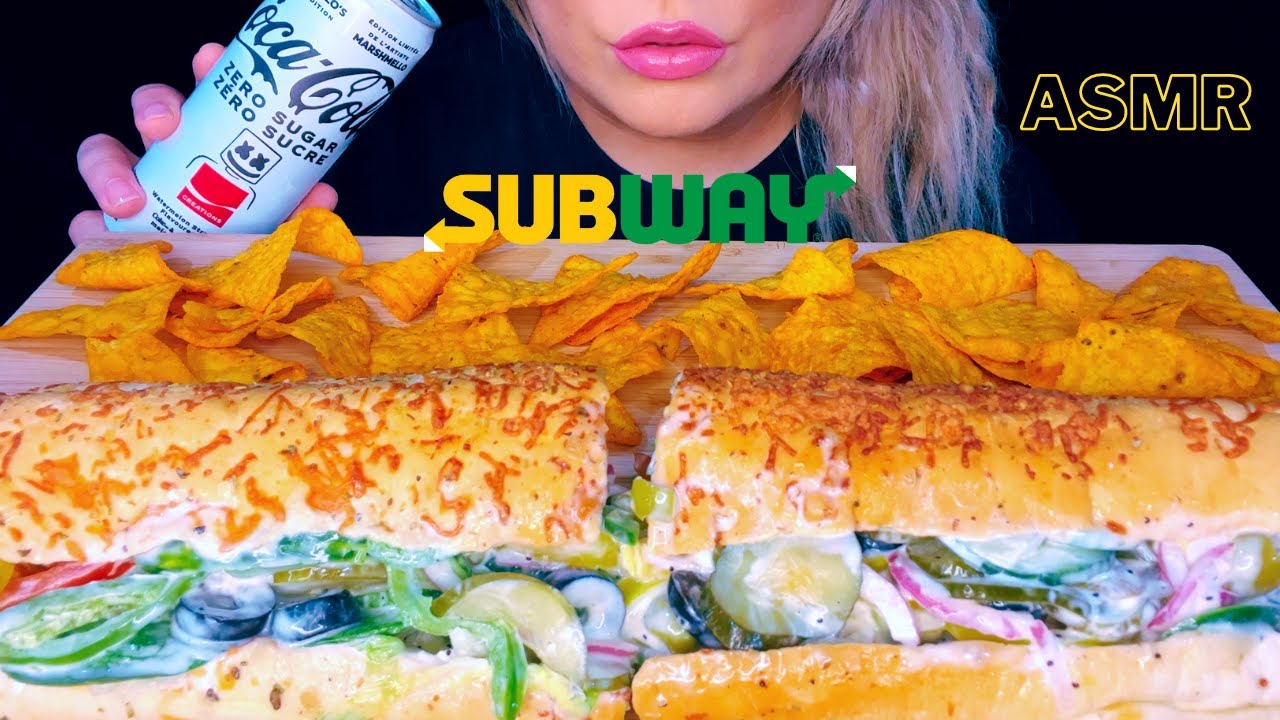 ASMR EATING SUBWAY FOOTLONG VEGGIE DELITE MUKBANG (no talking) EATING SOUNDS | Mandy Foods ASMR