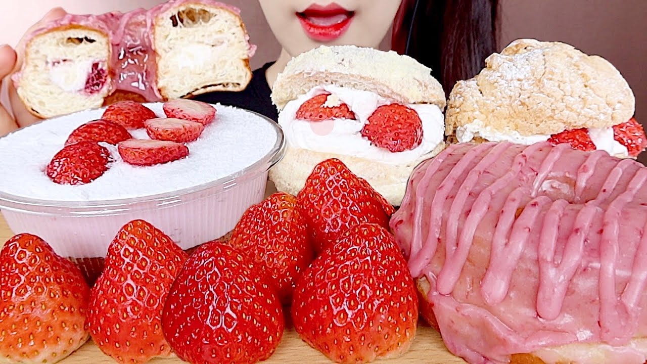 ASMR STRAWBERRY CAKE, CREAM BREADS, DONUTS, MUKBANG 딸기 요거트 케이크, 딸기 크림빵, 크림치즈 도넛 먹방 eating sounds