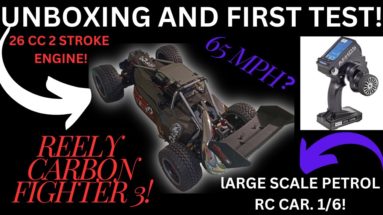 Large scale, 1/5 petrol rc car! Reely Carbon Fighter 3 unboxing and first test! 2 stroke engine!