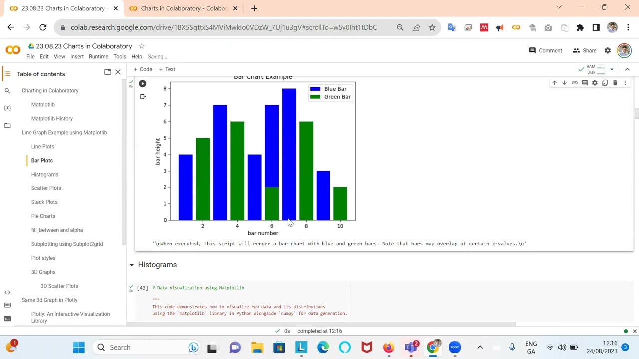 Google Colab Charts:  Line Plots, Histograms, Bar plots, Scatter Plots, Pie and Stack Charts