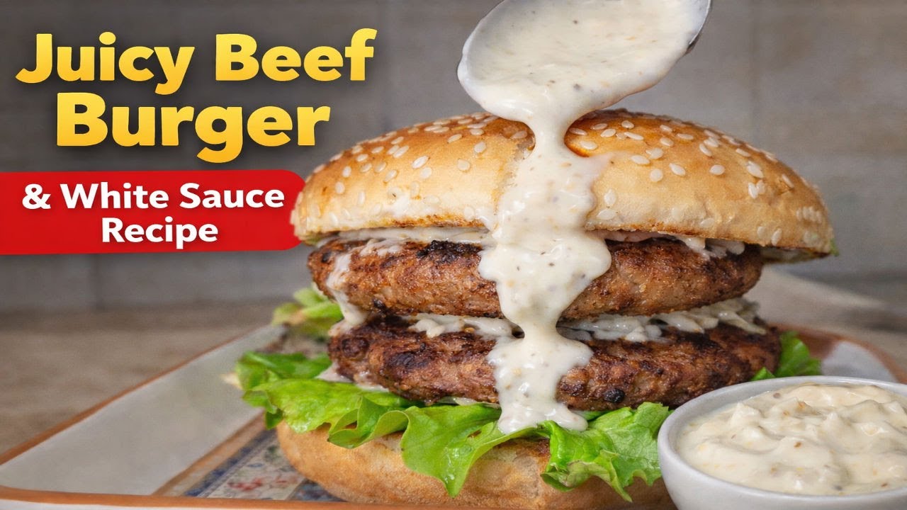 Double Patty Juicy Beef Burger with White Sauce | Easy Street Style Burger at Home