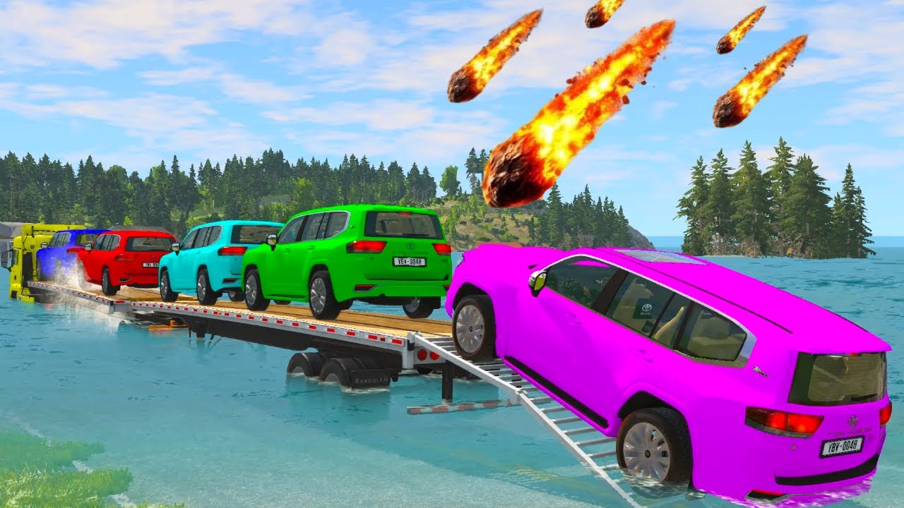 Triple Flatbed Trailer McQueen Transportation with Truck - Speedbumps vs Cars vs Train - BeamNG #10
