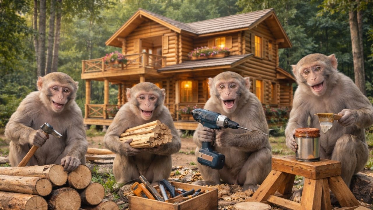 बंदरों ने मिलकर बनाया लकड़ी का सुंदर घर 😱🏠🐒 Monkeys Built a Beautiful Wooden House