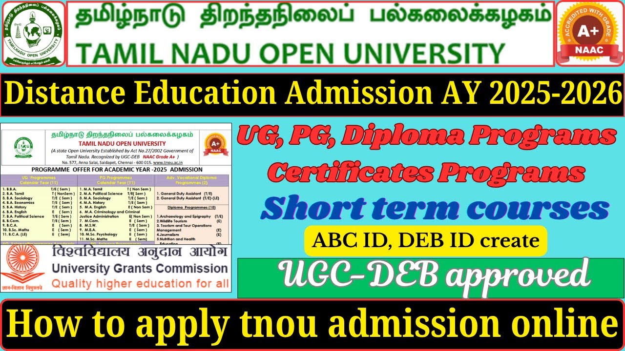 tnou online admission AY 2025-2026 | tamilnadu open university distance education admission | tnou
