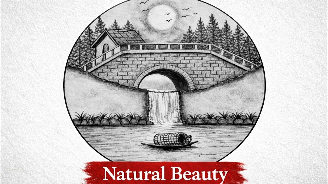 Peaceful Waterfall Village Scenery Drawing