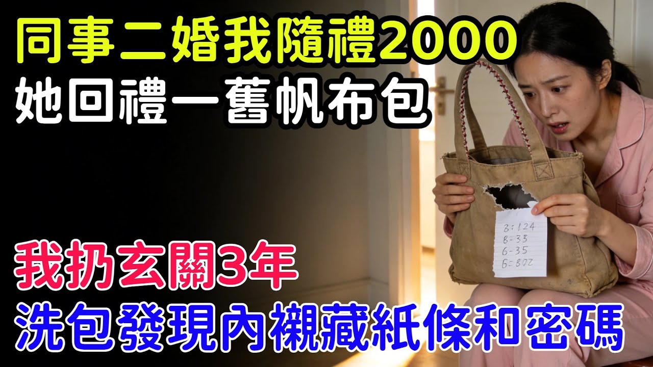 同事二婚我隨禮2000，她回禮一個舊帆布包，我扔玄關3年，洗包時發現內襯藏紙條和密碼
