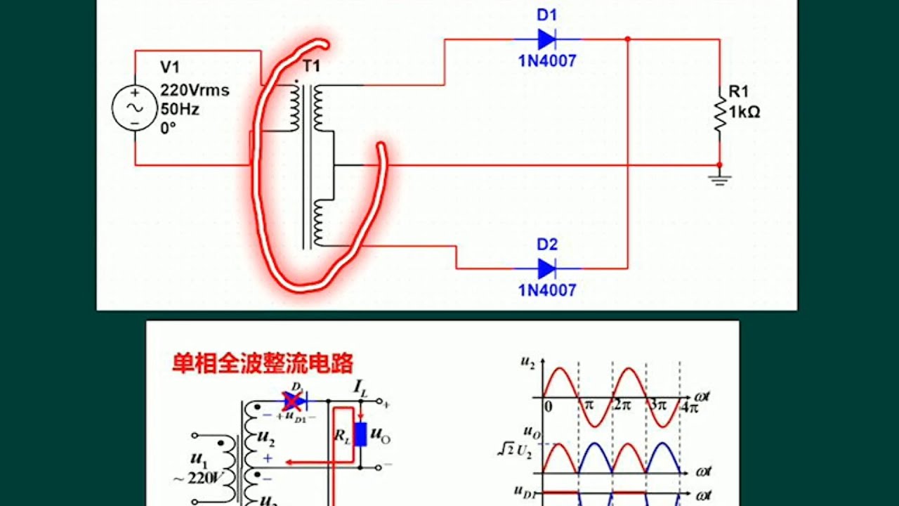 全波整流有中间抽头变压器是如何工作的，二极管为什么会承受双倍电压