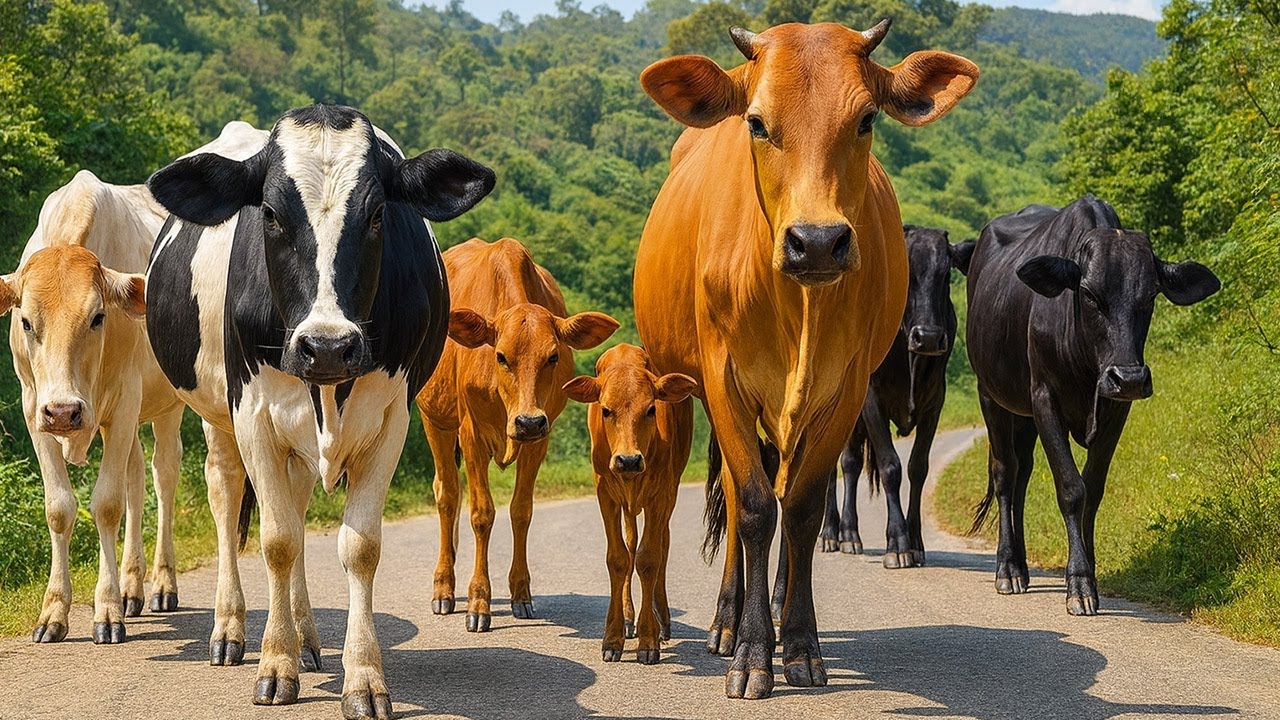 Video Mengiring Sapi Lembu di Desa Menuju Ke Kandang Peternakan Hewan Ternak - Bunyi sapi Berjalan