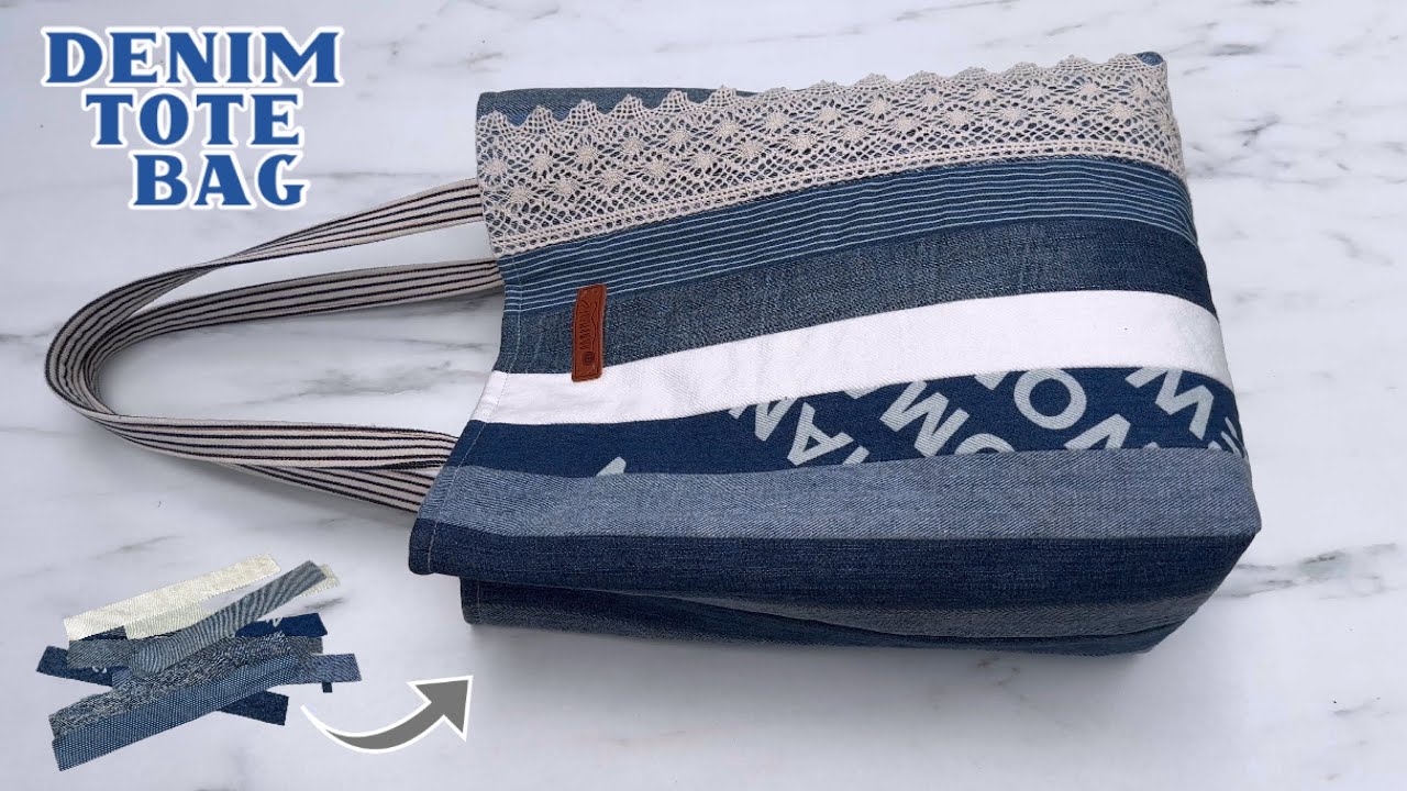I sewed a denim vintage tote bag out of scrap old jeans tutorial , old jeans recycle idea ,tote bag.