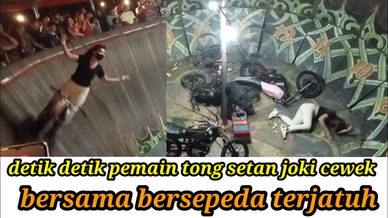 detik detik pemain tong setan joki cewek terjatuh bersama kawanya yang membawa sepeda.