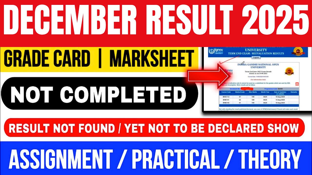 IGNOU Dec 2025 Result- Grade Card: Completed & Not Completed- Assignment, Theory, Practical Explain