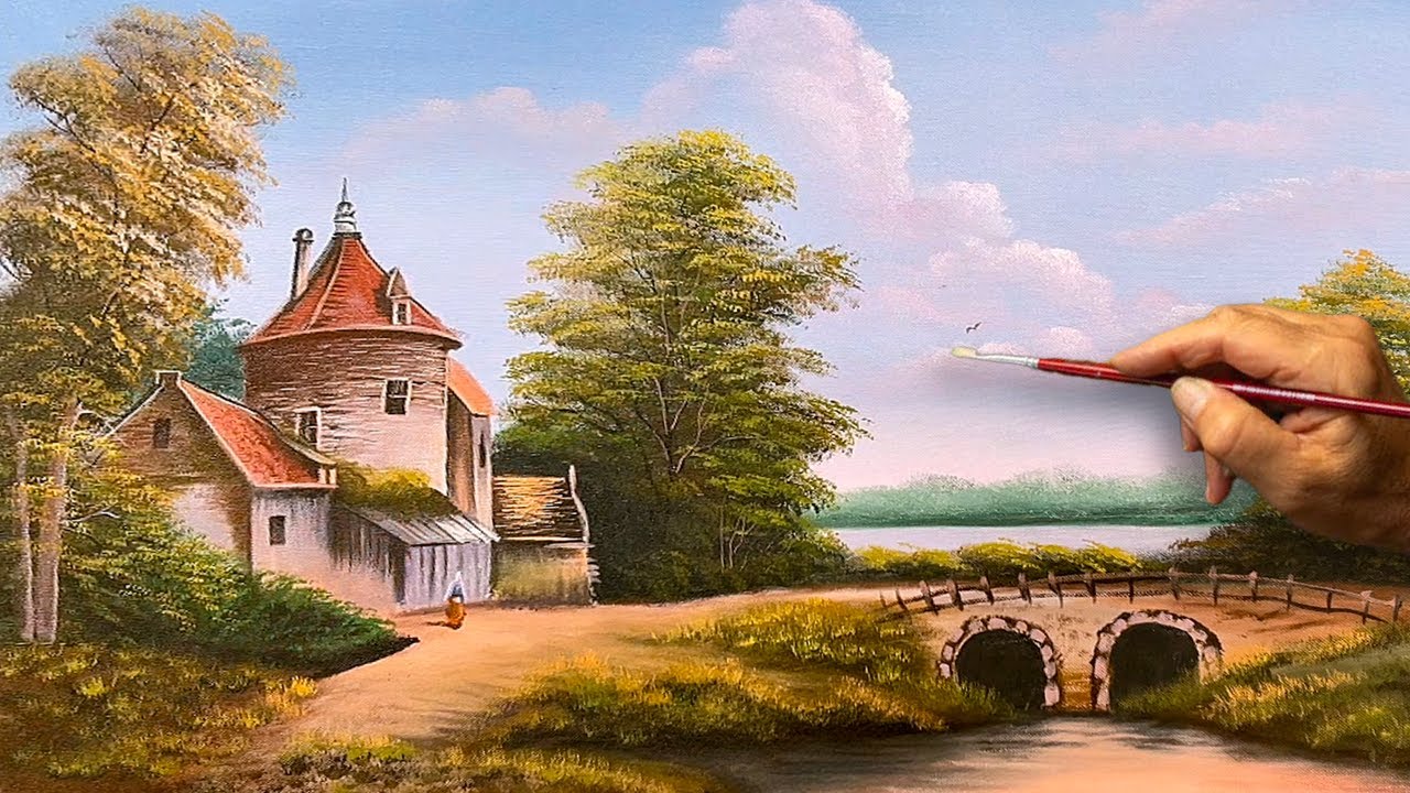 How to Paint a Peaceful Countryside Castle & Stone Bridge | Acrylic Landscape Painting Tutorial